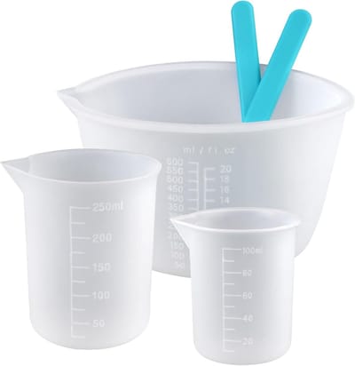Maatbekerset voor epoxyhars, 600 ml, 250 ml en 100 ml, witte siliconen bekers om te gieten, met 2 mengstaafjes, herbruikbare mengbekers, epoxyhars met schaal voor doe-het-zelf