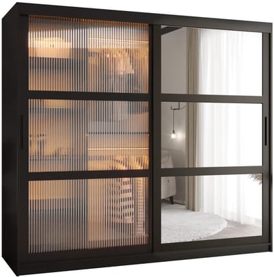 Zweefdeurkast Kledingkast met 2 schuifdeuren glanzen slaapkamerkast Kledingstang met planken Garderobekast met geribbeld glas - ARTON 2 (200 cm, Zwart)