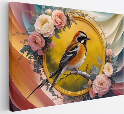 Saammp Canvas Schilderij - Vogel met Bloemen - Abstract - 30x20 - Foto op canvas - Wanddecoratie - Muurdecoratie Woonkamer - Kantoor Decoratie