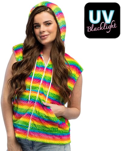 Boland - Bodywarmer Fluffy regenboog (M) - Volwassenen - Niet van toepassing - Festival - Rave - Pride - UV blacklight - Teddy bodywarmer