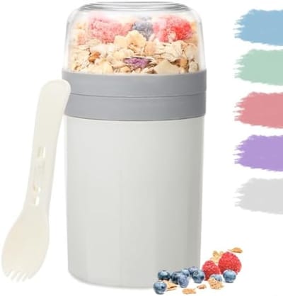 PromoHome 3-laags Mueslibeker To Go - 770ml Lekvrije Yoghurtbeker met Lekschaal en Opvouwbare Lepel - Geschikt voor Kinderen en Volwassenen - Magnetronbestendig - Grijs