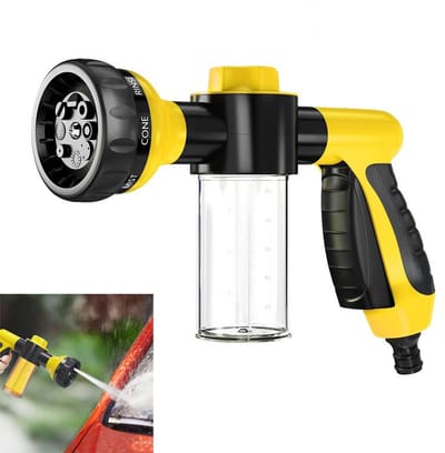 Schuimspuitpistool - drukspuit - tuinslangspuit - verstelbare tuinslangspuit - met 8 bewateringsstanden en zeepdispenser - geschikt voor het bewateren van planten, dierendouches, buitenspelen en autowasstraten - geel