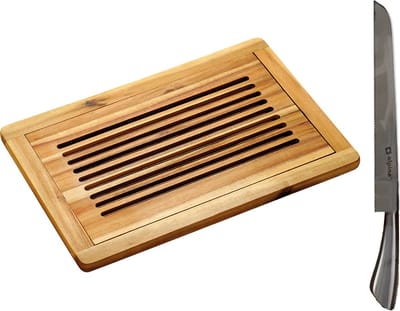 Kesper Acacia houten broodsnijplank - 32 x 48 cm - met kruimelvanger - en roestvrij stalen broodmes van 33 cm