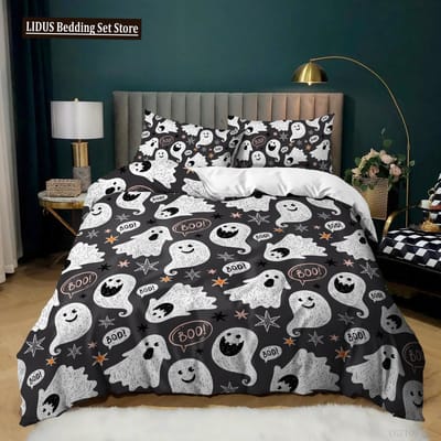 Halloween Thema Polyester Dekbedovertrek Set King Queen Maat Geest Pompoen Lantaarn Vleermuis Voor Kinderen Jongens Meisjes Gotisch Spookachtig Cartoon EU single(135x200cm)