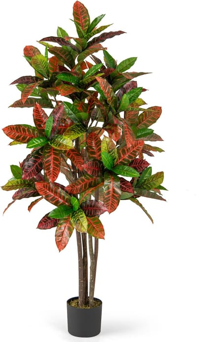 COSTWAY Kunstplant 150 cm, kunstplant Kroton, palmboom met kleurrijke bladeren en natuurlijke houten stam, kunstboom in pot, tropische palm, kamerplant, voor kantoor, thuis, rood + groen