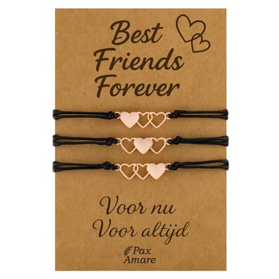 Vriendschapsarmbandjes voor 3 "Best Friends Forever" - Hartjes - BFF Armbandjes met Cadeau Kaartje - Rosé Goud & Zwart - Elastisch Verstelbaar - Pax Amare