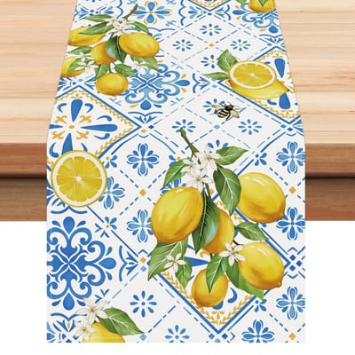 Zomer Citroen Italiaanse Blauwe Tegels Linnen Tafelkleed Huisdecoratie Gele Vruchten Boerderij Keuken Eettafel Lopers Feestdecoratie 150x33cm yellow