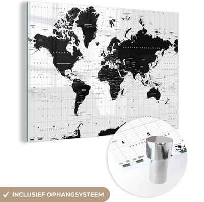 MuchoWow® Glasschilderij 90x60 cm - Schilderij acrylglas - Wereldkaart - Zwart - Wit - Atlas - Aarde - Educatief - Foto op glas - Muurdecoratie woonkamer - Wanddecoratie slaapkamer - Schilderijen