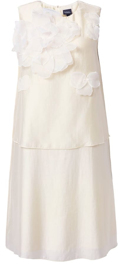 Ulla Popken - Dames - Chiffon midi-jurk bloemen-applicatie ronde hals mouwloos - Parelwit - Maat 42
