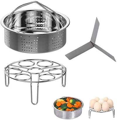 Driedelige accessoire set voor de snelkookpan, bestaande uit een roestvrijstalen stoommandje, een eierstoommandje en een hittebestendig multifunctioneel eierstoomrekje voor de snelkookpan.