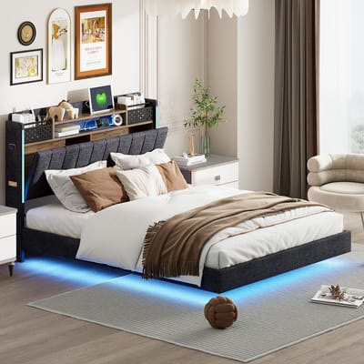 SINGULARITY-Gestoffeerd bed 140x200 met LED-verlichting en USB-aansluiting- zwevend bed voor jeugd en volwassene- linnen stof- grijs- zonder matras