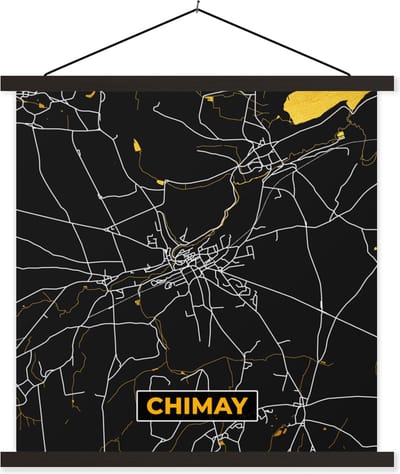 Posterhanger incl. Poster 60x60 cm - Schoolplaat - Chimay - Stadskaart - Goud - Kaart - Plattegrond - Textielposter - Zwarte latten - Stadskaart