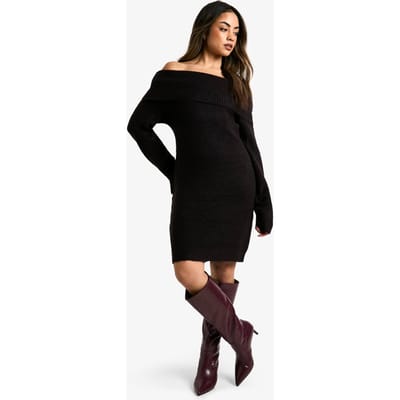 boohoo Dames Ribgebreide Bardot-neklijn Mini Jumperjurk | Zwart | Maat: Small