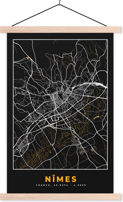 Posterhanger incl. Poster 40x60 cm - Schoolplaat - Plattegrond - Nîmes - Stadskaart - Kaart - Frankrijk - Textielposter - Blanke latten - Stadskaart