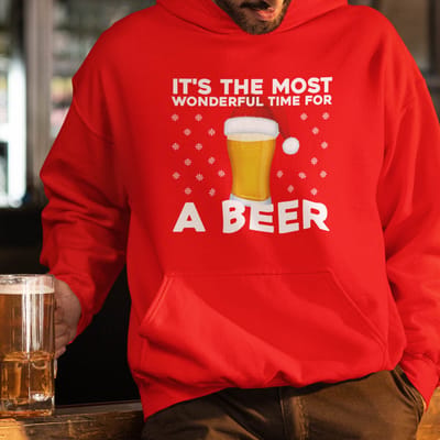 Foute Kerst Hoodie Rood It's The Most Wonderful Time For A Beer XS - Uniseks Pasvorm - Kerstkleding Voor Dames & Heren