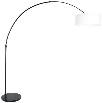 Zwarte vloerlamp / booglamp Sparkled Light 9899ZW van Steinhauer met grof linnen kap (50 cm diameter, 20 cm hoogte), in hoogte verstelbaar, draaibaar en kantelbaar, van metaal en textiel, voor binnen gebruik