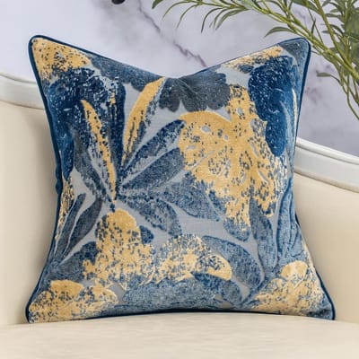 Yangest Blauw blad vierkante kussensloop gesneden fluwelen kussenhoes luxe moderne kussensloop voor bank woonkamer slaapkamer, 45 x 45 cm
