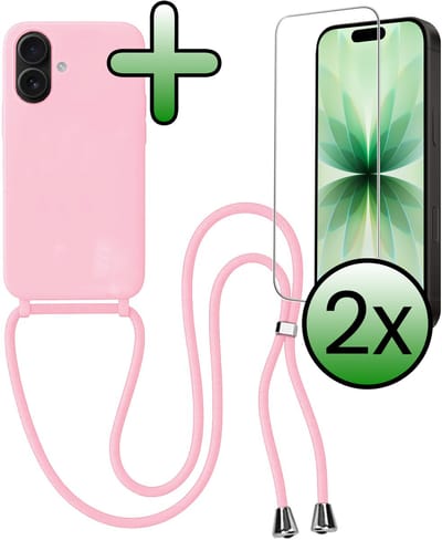 Hoes Geschikt voor iPhone 17 Hoesje Met Koord Met 2x Screenprotector - Telefoonhoesje Geschikt voor iPhone 17 Backcover Met Afneembaar Koord - Lichtroze