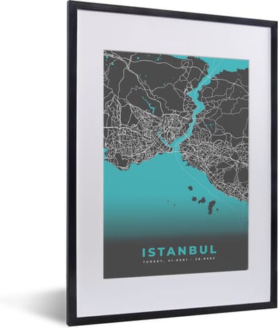 Fotolijst incl. Poster - Istanbul - Blauw - Kaart - Stadskaart - Plattegrond - 30x40 cm - Posterlijst