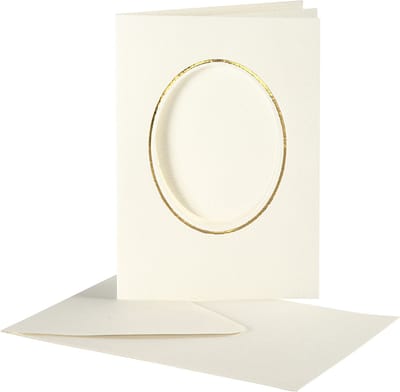 Passepartout kaarten , ovaal met gouden rand, afmeting kaart 10,5x15 cm off-white, 10 set