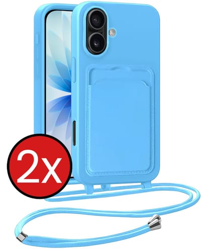 Hoesje Geschikt voor iPhone 17 Hoesje Met Telefoonkoord en Pasjeshouder Siliconen - Hoes Geschikt voor iPhone 17 Hoesje Met Kaarthouder Case - Lichtblauw - 2 PACK
