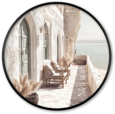 Poster in lijst Rond - Fotolijst 60x60 cm - Posters - Terras - Stoelen - Strand - Beige - Ronde posterlijst zwart - Decoratie - Wanddecoratie woonkamer - Muurdecoratie slaapkamer