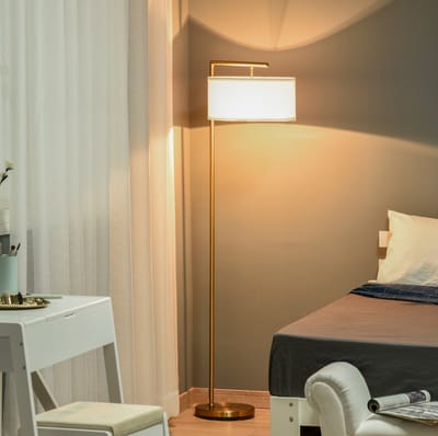 STILVORA Staande Lamp – Leeslamp Met E27 Fitting – 47 x 37 x 153 cm – Staal en Linnen – Goud en Wit – Voor Woonkamer en Slaapkamer