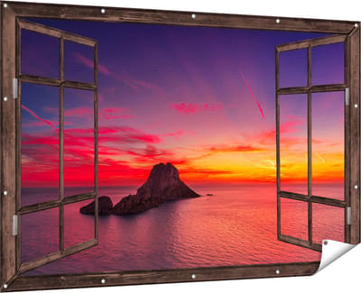 Gards Tuinposter Doorkijk Ibiza Rotsen Eiland bij Zonsondergang - 180x120 cm - Tuindoek - Tuindecoratie - Wanddecoratie buiten - Tuinschilderij