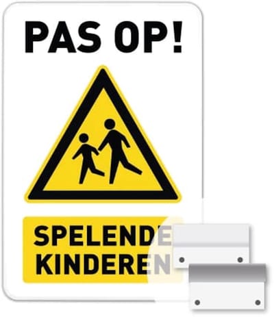 Bord Pas op spelende kinderen - Weerbestendig Aluminium - 40x60 cm - Bevestiging: Met muur-/ wandmontage beugels