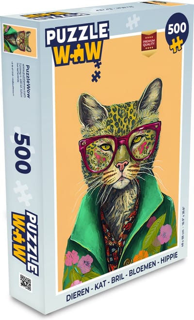Puzzel Dieren - Kat - Bril - Bloemen - Hippie - Legpuzzel - Puzzel 500 stukjes