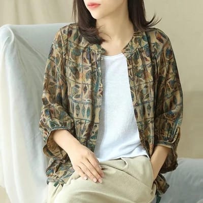 Katoenen linnen dames shirt vintage oversized bloemenprint blouses harajuku raglanmouwen vrijetijdskleding losse dames casual overhemden tops XXL gray