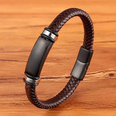 Mode Roestvrijstalen Charm Magnetische Zwarte Heren Armband Leer Echt Gevlochten Punk Rock Bangles Sieraden Accessoires Vriend 23cm brown
