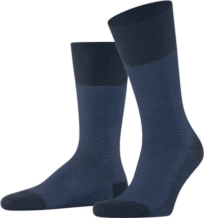 FALKE Airport Herringstripe eenkleurig wol katoen sokken heren blauw - maat 39-42
