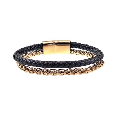 Dubbele Armband Heren - Vossenstaart Schakelsarmband - RVS Goudkleur - Zwarte Leren