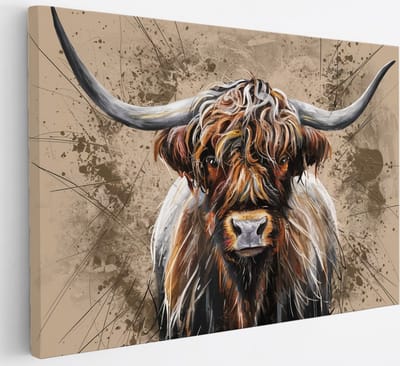 Saammp Canvas Schilderij - Schotse Hooglander Koe - Portret - Landschap - Dieren - Natuur - 30x20 - Foto op canvas - Wanddecoratie - muurdecoratie Woonkamer - Slaapkamer decoratie - Canvas Print