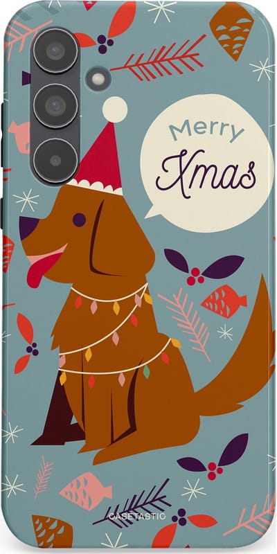 Casetastic hoesje geschikt voor Samsung Galaxy A55 - Dubbellaagse bescherming - Merry Christmas Hond - Fashion Case - Zilver Bruin Saliegroen Rood