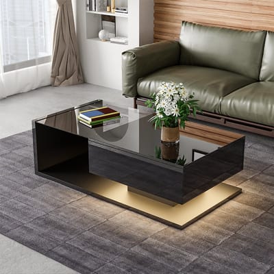YEHTOKHOME Salontafel Hoogglans Zwart Bijzettafels, Salontafels met Glazen Tafelblad en LED Verlichting, Woonkamertafel Koffietafel met lade, 105x55x32,5 cm