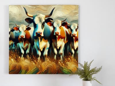 Olieverf koeien schilderij | Bonte Herd in Levendige Kleuren: Een Vleugje Kunstzinnige Melkweg | Kunst - 40x40 centimeter op Dibond | Foto op Dibond