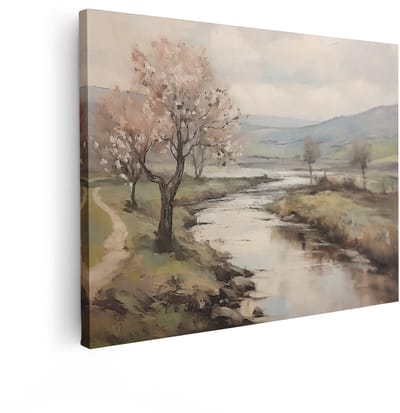 Artaza Canvas Schilderij Landschap - 120x90 cm - Wanddecoratie Natuur Rivier - Muurdecoratie Vintage Bloesem - Decoratie Woonkamer Bomen