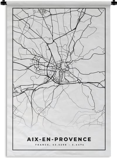 Wandkleed - Wanddoek - Stadskaart - Aix-en-Provence - Frankrijk - Kaart - Plattegrond - Zwart wit - 120x180 cm - Wandtapijt