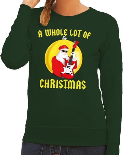 Foute kersttrui / sweater A Whole Lot of Christmas voor dames - groen - Kerstman Angus met gitaar XS