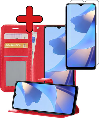 Hoesje - Met Screenprotector - Geschikt voor OPPO A16 - Luxe Pasjeshouder - Flipcase - Bookcase Portemonee - Flip Case - Kunstleer Book Case - Book Cover - Walletcase - Portemonneehoes - Telefoonhoes - Rood