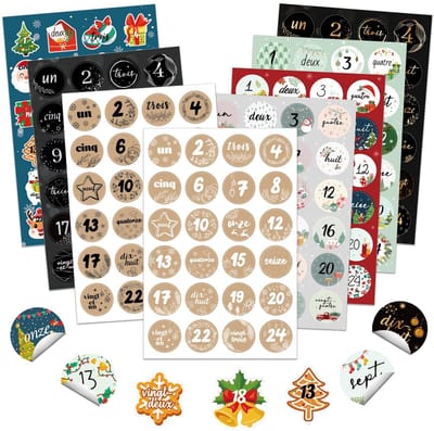 NTH products- Kerststickers Adventskalender 2024 - 1-24 Stickers - 8 vellen - Zelfklevend - Voor Knutselen - Kerstdecoraties - Adventstickers