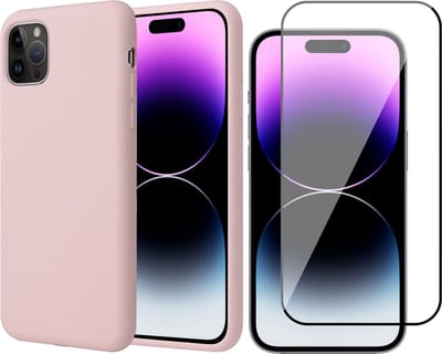Hoesje geschikt voor iPhone 14 Pro - Matte Back Cover Microvezel Siliconen Case Hoes Roze - Full Tempered Glass Screenprotector