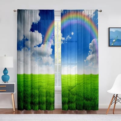 Idyllische Lente Weide in de Bergen met Bloemen Regenboog Transparante Voile Gordijnen voor Woonkamer Keuken Raam Tule Gordijn 1 PCS W100XH250cm&Grommet Top