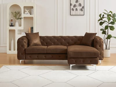 Vente-unique Omkeerbare chesterfield hoekbank in microvezel met vintage bruinleren look EDWINA