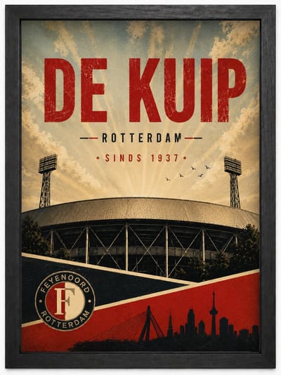 De Kuip Feyenoord Poster | Vintage Retro Art Print | Stadion Rotterdam | Inclusief Zwarte A4 Lijst