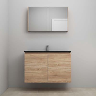 On-Line Badkamermeubelset - 100 cm - Bouwpakket - Greeploze Ladestructuur - Acryl Wastafel - 1 Kraangat - Spiegelkast - Eiken