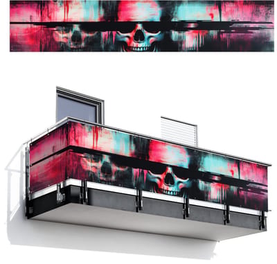 Balkonscherm 500x100 cm - Balkonposter Schedels - Glitch - Cyberpunk - Balkon scherm decoratie - Balkonschermen - Balkondoek zonnescherm
