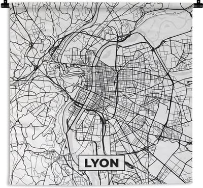 Wandkleed - Wanddoek - Lyon - Stadskaart - Frankrijk - Kaart - Plattegrond - Zwart wit - 180x180 cm - Wandtapijt